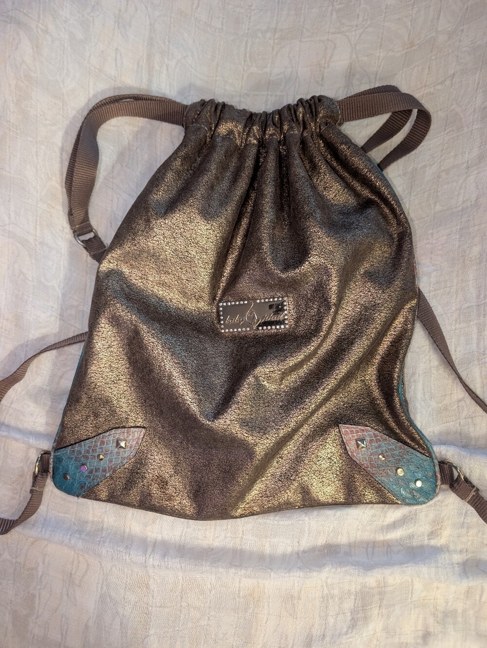 Baby Phat Vintage Y2K Drawstring Backpack Bag Purse Blue Snakeskin Bling